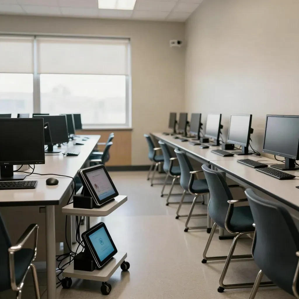 Laboratorium komputer SMP kosong siap pakai, troli tablet terisi dan proyektor menyala lembut.