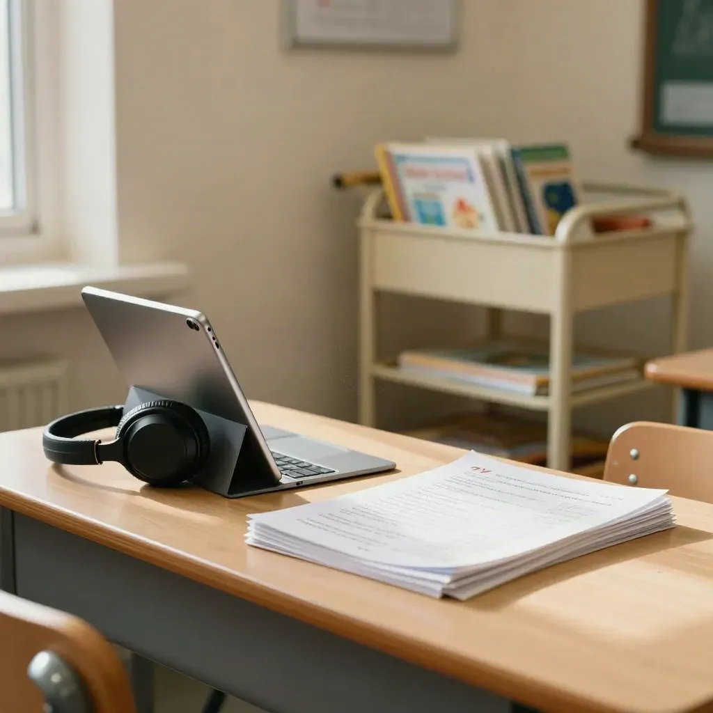 Sudut kelas SD dengan tablet, headphone, lembar kerja, dan rak buku kecil siap dipakai.