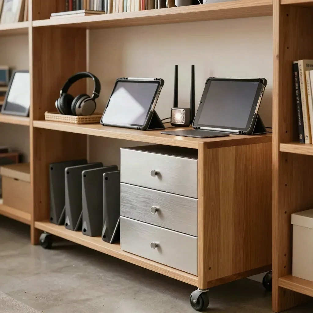 Rak perangkat belajar dengan tablet, router, headset, dan troli perangkat di ruang terang
