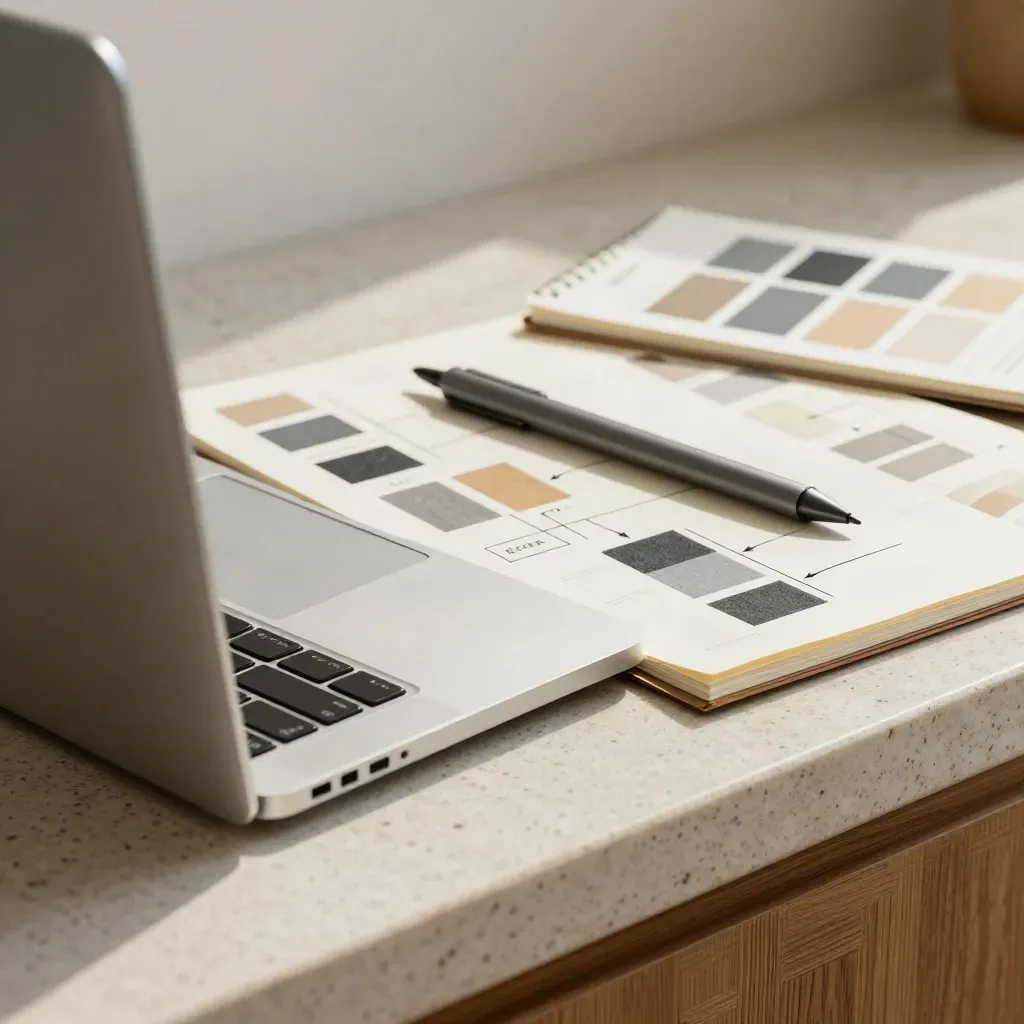 Toolkit perencanaan EdTech di atas travertine dengan laptop tertutup, sketsa, chip warna, dan stylus.