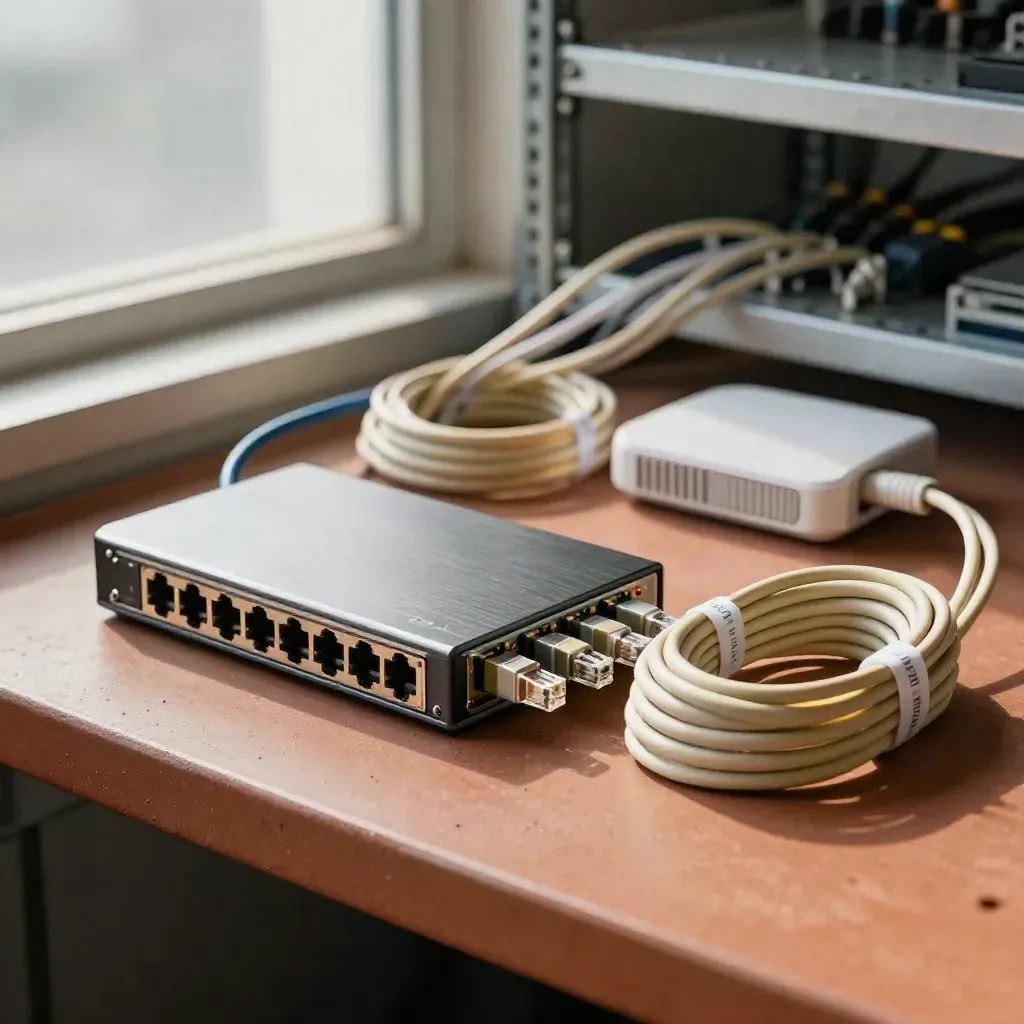 Perangkat jaringan siap pasang di atas meja kerja terracotta dengan kabel ethernet dan access point.