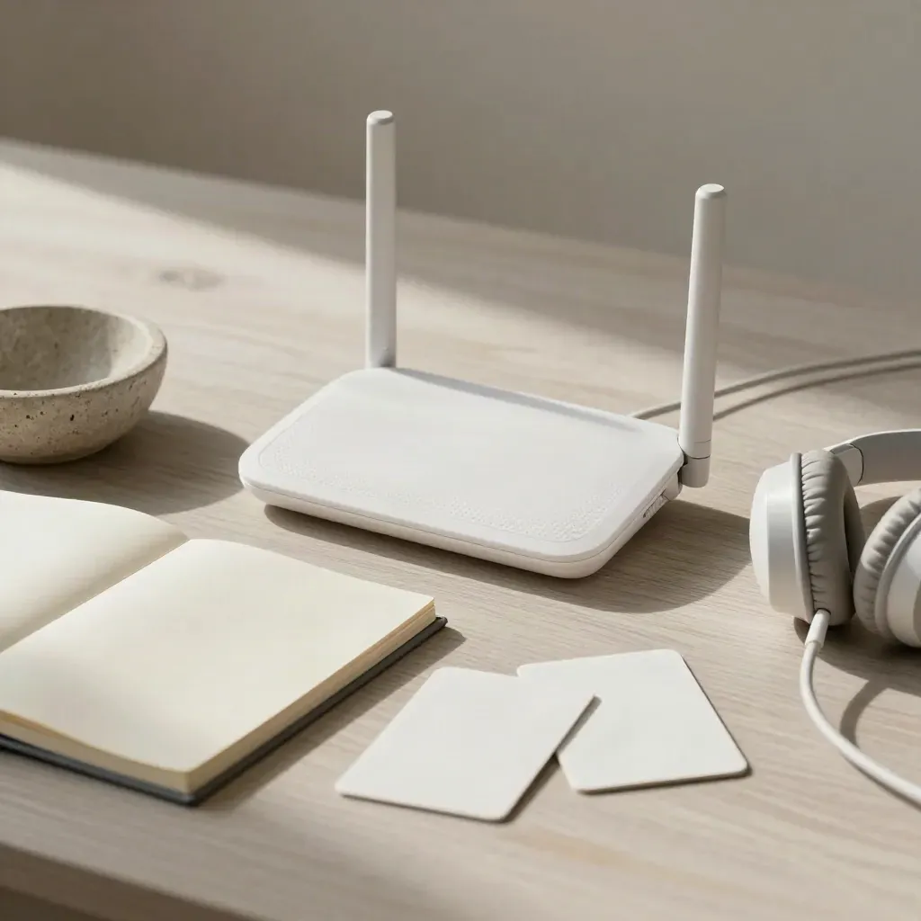 Router, headset, kartu kosong, dan buku catatan terlipat di atas meja kayu terang