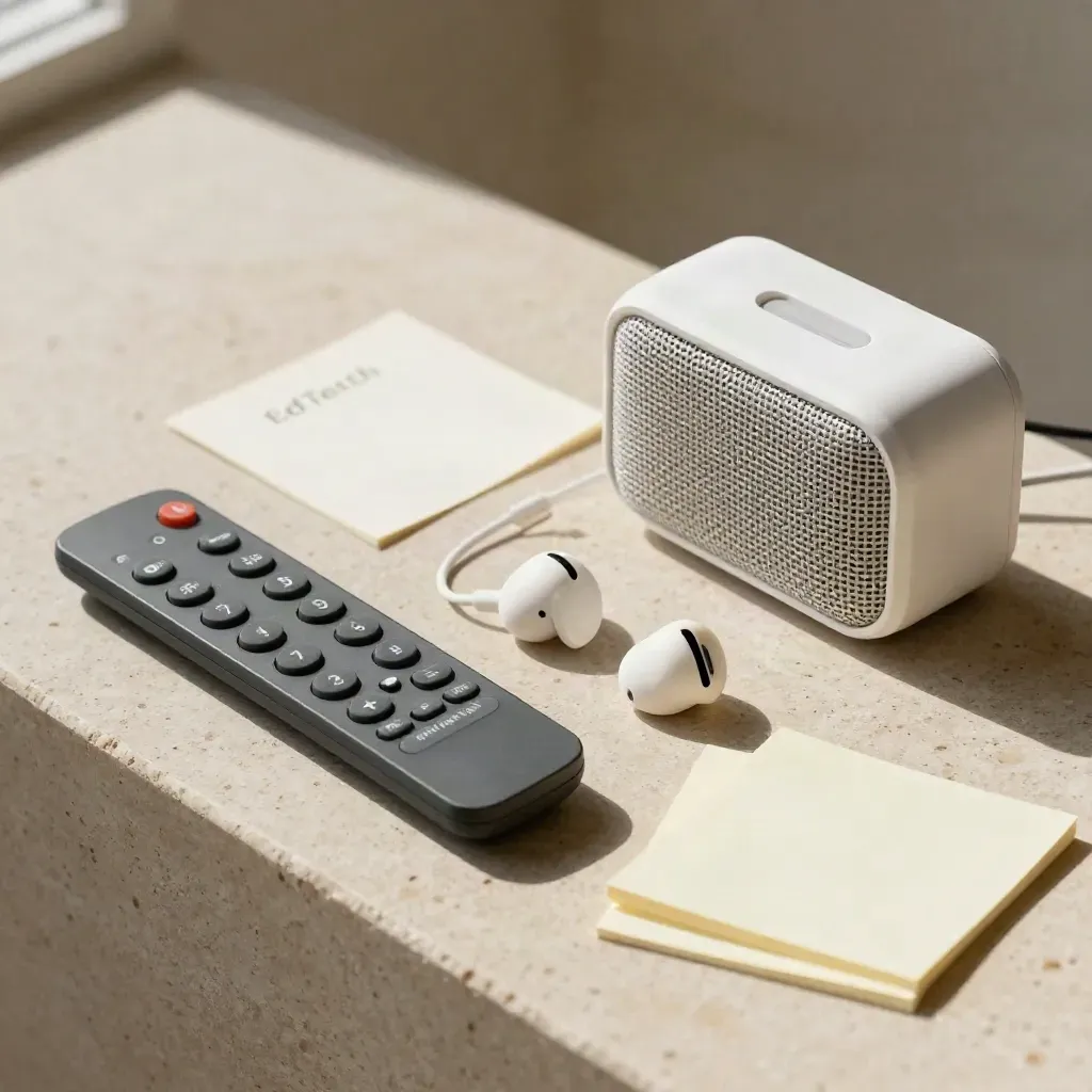 Toolkit sesi kursus: remote clicker, speaker, earbuds, dan sticky tabs di atas batu terang.